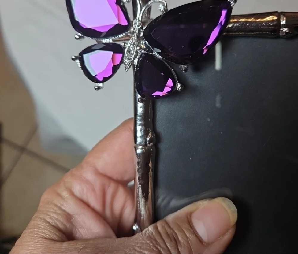 Silver Bamboo Frame with Purple Butterfly Accent 4x4. - Picture 4 of 5